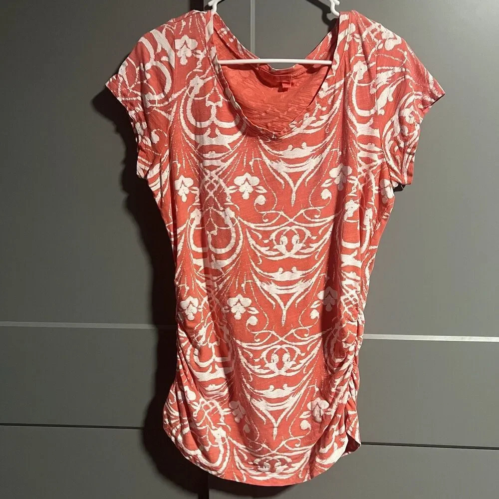 Fresh Produce Womens V Neck Short Sleeve T-Shirt Ruched Sides Pink Size Medium